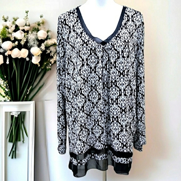 Anne Klein Sophisticated Black and White V-Neck Sheer Trim Hi Lo Tunic Sz XL NWT - Picture 1 of 9